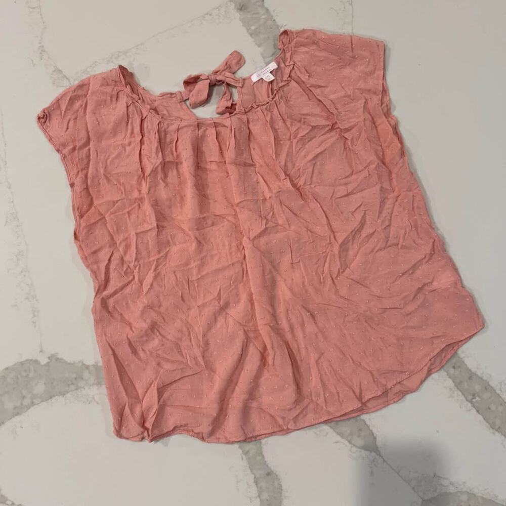 Lauren Conrad Coquette Pleated Neck Swiss Dot Pink Cap Sleeve Shirt Women's XXL